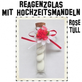 Reagenzglas mit Hochzeitsmandeln, 10 cm, Transparent mit Korken, verziert mit roter Rose aus Tüll