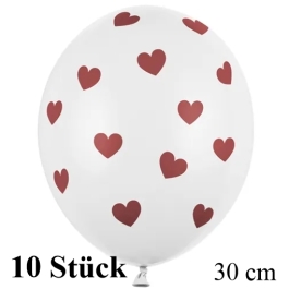 Luftballons 30 cm, Pastell-Weiß mit roten Herzen, 10 Stück-Beutel