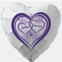 Luftballon zur Hochzeit, weißer Herzballon aus Folie inklusive Helium mit den Namen von Braut und Bräutigam, Herz in Lila mit Ornamenten