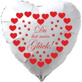 Herzluftballon in Weiß "Du bist mein Glück!" zum Valentinstag mit roten Herzen und Glücksklee