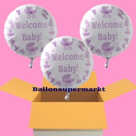 Welcome Baby Luftballons, Babyparty Girl, 3 Heliumballons