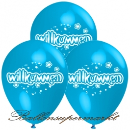 Motiv-Luftballons Willkommen, himmelblau, 3 Stueck