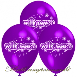 Motiv-Luftballons Willkommen, violett, 3 Stueck