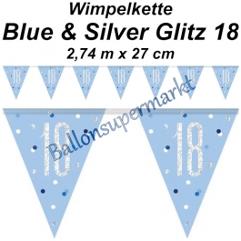 Wimpelkette Blue & Silver Glitz 18 zum 18. Geburtstag
