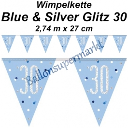 Wimpelkette Blue & Silver Glitz 30 zum 30. Geburtstag
