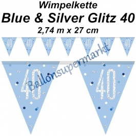 Wimpelkette Blue & Silver Glitz 40 zum 40. Geburtstag