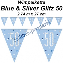 Wimpelkette Blue & Silver Glitz 50 zum 50. Geburtstag