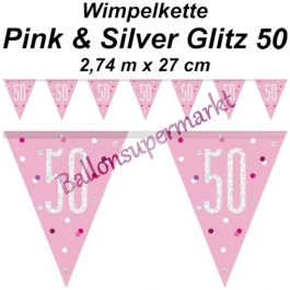 Wimpelkette Pink & Silver Glitz 50 zum 50. Geburtstag