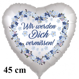 Wir werden Dich vermissen Vergissmeinnicht. Herzluftballon. 45 cm inklusive Helium