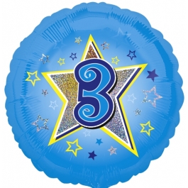 Luftballon aus Folie zum 3. Geburtstag, blauer Rundballon, Junge, Zahl 3, inklusive Ballongas