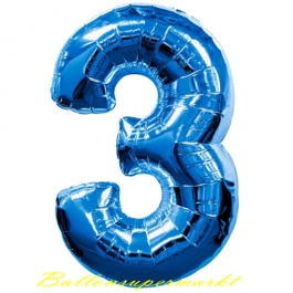 Zahlendekoration Zahl 3, Drei, Großer Luftballon aus Folie, Blau, 1 Meter hoch, Folienballon Dekozahl