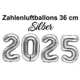Zahlendekoration Silvester 2025 silber 36cm grosse Zahlen befüllbare Ballons aus Folie