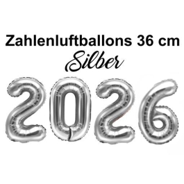 Zahlendekoration Silvester 2026 silber 36cm grosse Zahlen befüllbare Ballons aus Folie