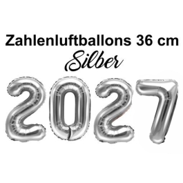 Zahlendekoration Silvester 2027 silber 36cm grosse Zahlen befüllbare Ballons aus Folie