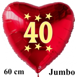 Großer roter Herzluftballon in Rot mit Ballongas Helium zum 40. Geburtstag, Zahl 40, Stars