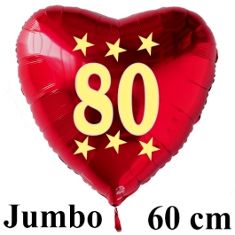 Großer roter Herzluftballon in Rot mit Ballongas Helium zum 80. Geburtstag, Zahl 80, Stars