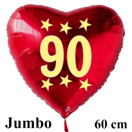Großer roter Herzluftballon in Rot mit Ballongas Helium zum 90. Geburtstag, Zahl 90, Stars
