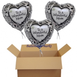 3 Herzballons aus Folie mit Helium zum Muttertag: To a wonderful mum - für eine wundervolle Mutter