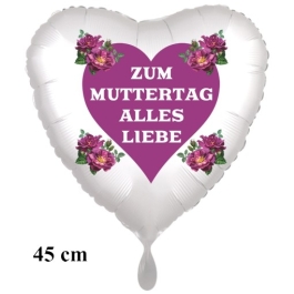 Zum-Muttertag-Alles-Liebe, weißer Herzluftballon aus-Folie mit Helium, verziert mit Herz und Blumen