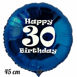 Luftballon aus Folie, blau, rund, 45 cm, zum 30. Geburtstag