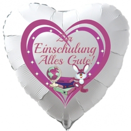 Zur Einschulung Alles Gute! Herzförmiger, weißer Luftballon mit Ballongas Helium gefüllt