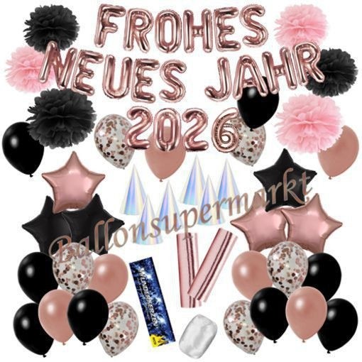Silvesterdeko-Set mit Luftballons Frohes neues Jahr 2026 Black & Rose Gold, 52-teilig