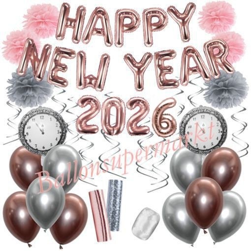 Silvesterdeko-Set mit Luftballons Happy New Year 2026 Rose Gold & Silver, 32-teilig