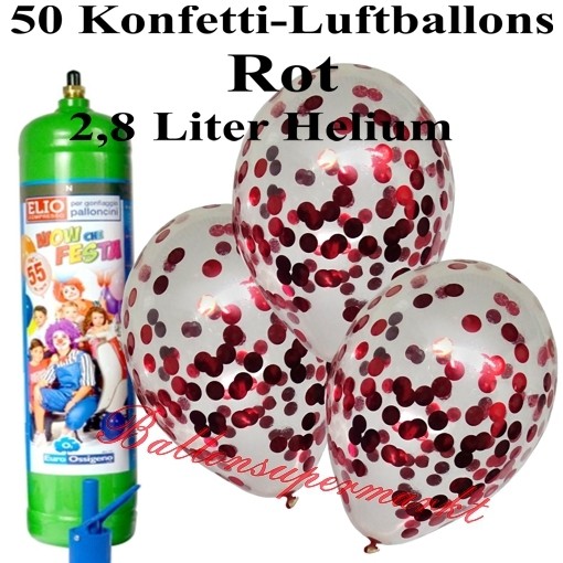 Konfetti-Luftballons, Rot, Luftballons Midi-Set, 50 transparente Ballons,  mit Helium-Einwegbehälter - Luftballons Hochzeit mit dem Heliumbehälter 2,8  - Ballons & Helium Sets