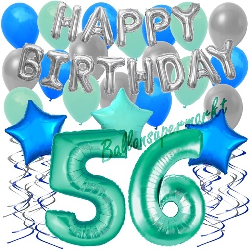 34 Teiliges Geburtstagsdeko Set Mit Luftballons Happy Birthday Aquamarin Zum 56 Geburtstag