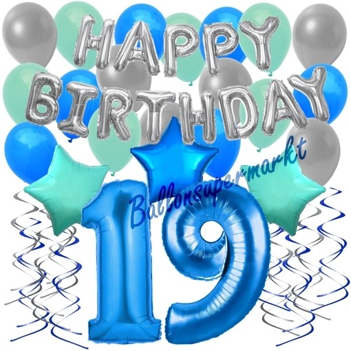34 Teiliges Geburtstagsdeko Set Mit Luftballons Happy Birthday Blue Zum 19 Geburtstag