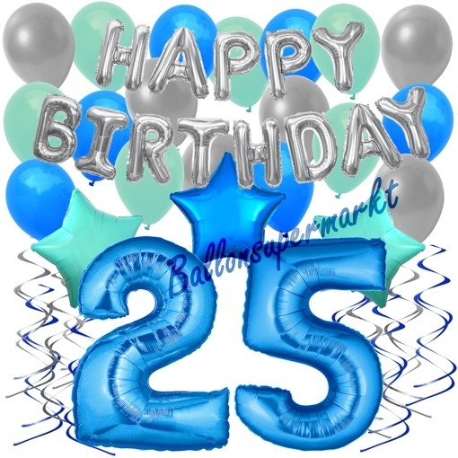 34 Teiliges Geburtstagsdeko Set Mit Luftballons Happy Birthday Blue Zum 25 Geburtstag