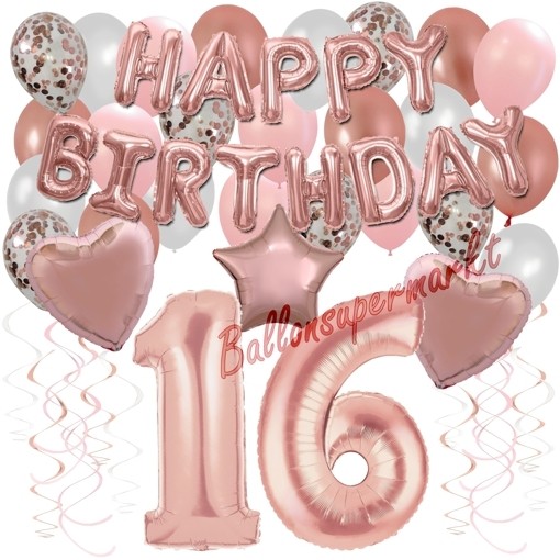 Luftballon Deko 16 Geburtstag Jubiläum Folie Zahl 16 rosegold metallic 20 Teile