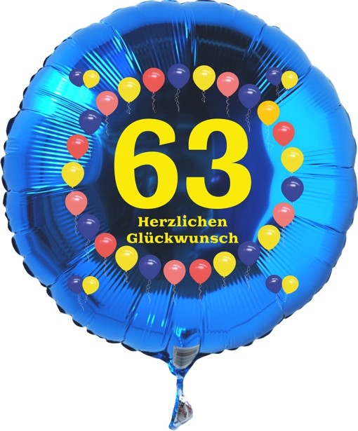 Folienballon 63. Geburtstag Balloons Blau, Folienballon mit Helium