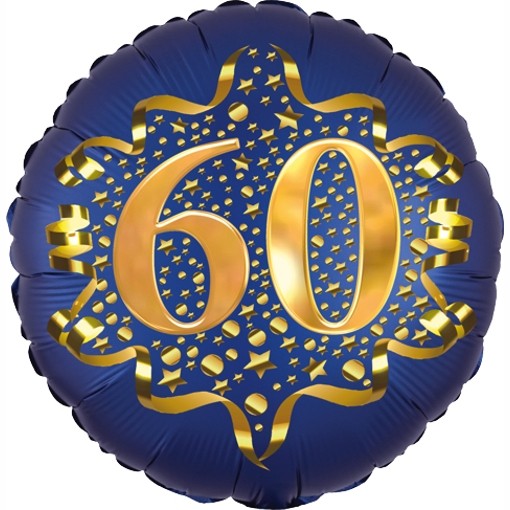 Luftballon aus Folie zum 60. Geburtstag, Satin Navy Blue, 45 cm, rund, inklusive HeliumSatin Navy & Gold - Zahl 60
