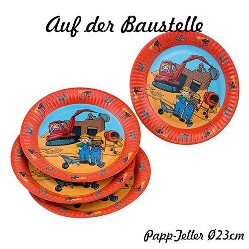 Pappteller für eine Baustellenparty 8 Partyteller für Kindergeburtstag
