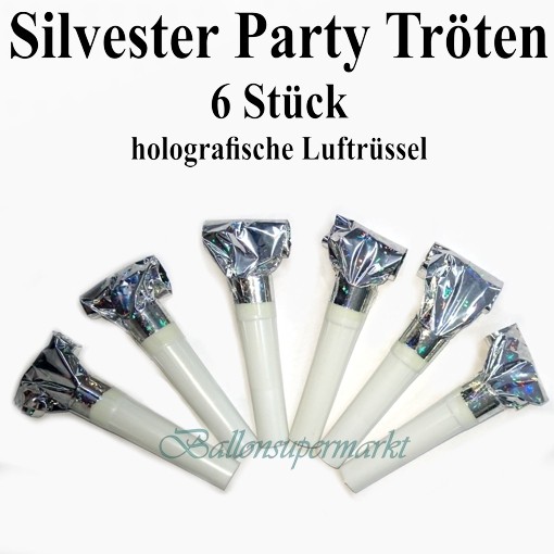 Holografische Party Tröten Silvester, Silber, 6 Stück - Silvester