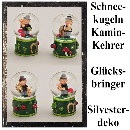 Silvester Dekoration, Glücksbringer Schneekugeln mit Schornsteinfeger, 4er  Set - Silvester Dekoration - Silvester - Jahresthemen & Anlässe