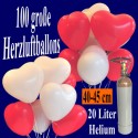 Maxi-Set 1B, 100 Herzluftballons 40 cm mit Helium, Weiß und Rot