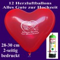 Herzluftballons Super-Mini-Set, 12 rote Herzballons "Alles Gute zur Hochzeit", mit Helium-Einweg