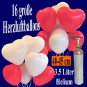 Mini-Set Ballons Helium, 16 Herzluftballons 40 cm mit Ballongasflasche, Weiß und Rot