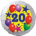 Luftballon aus Folie, 20. Geburtstag, Luftballons und Sterne Zahl 20, ohne Helium