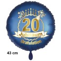 Luftballon aus Folie zum 20. Jubiläum, Satin de Luxe, blau, 43 cm, inklusive Helium-Ballongas