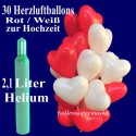 Midi-Set 1A, 30 rote und weiße Herzluftballons mit Helium / inkl. Rückporto