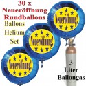 Neueröffnung! Sternchen Rundluftballons aus Folie, Midi-Set, 30 blaue Folien-Luftballons mit der 3 Liter Ballongas-Mehrwegflasche