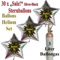 Sale! % Sternluftballons aus Folie, Midi-Set, 30 silberne Folien-Luftballons mit der 3 Liter Ballongas-Mehrwegflasche