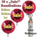 Sale! Rundluftballons aus Folie, Midi-Set, 30 rote Folien-Luftballons mit der 3 Liter Ballongas-Mehrwegflasche