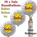 Sale! Star Rundluftballons aus Folie, Midi-Set, 30 weiße Folien-Luftballons mit der 3 Liter Ballongas-Mehrwegflasche