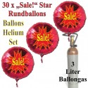 Sale! Star Rundluftballons aus Folie, Midi-Set, 30 rote Folien-Luftballons mit der 3 Liter Ballongas-Mehrwegflasche