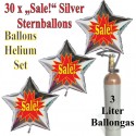 Sale! Sternluftballons aus Folie, Midi-Set, 30 silberne Folien-Luftballons mit der 3 Liter Ballongas-Mehrwegflasche