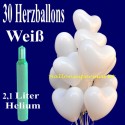 Midi-Set 1B, 30 weiße Herzluftballons mit Helium / inkl. Rückporto